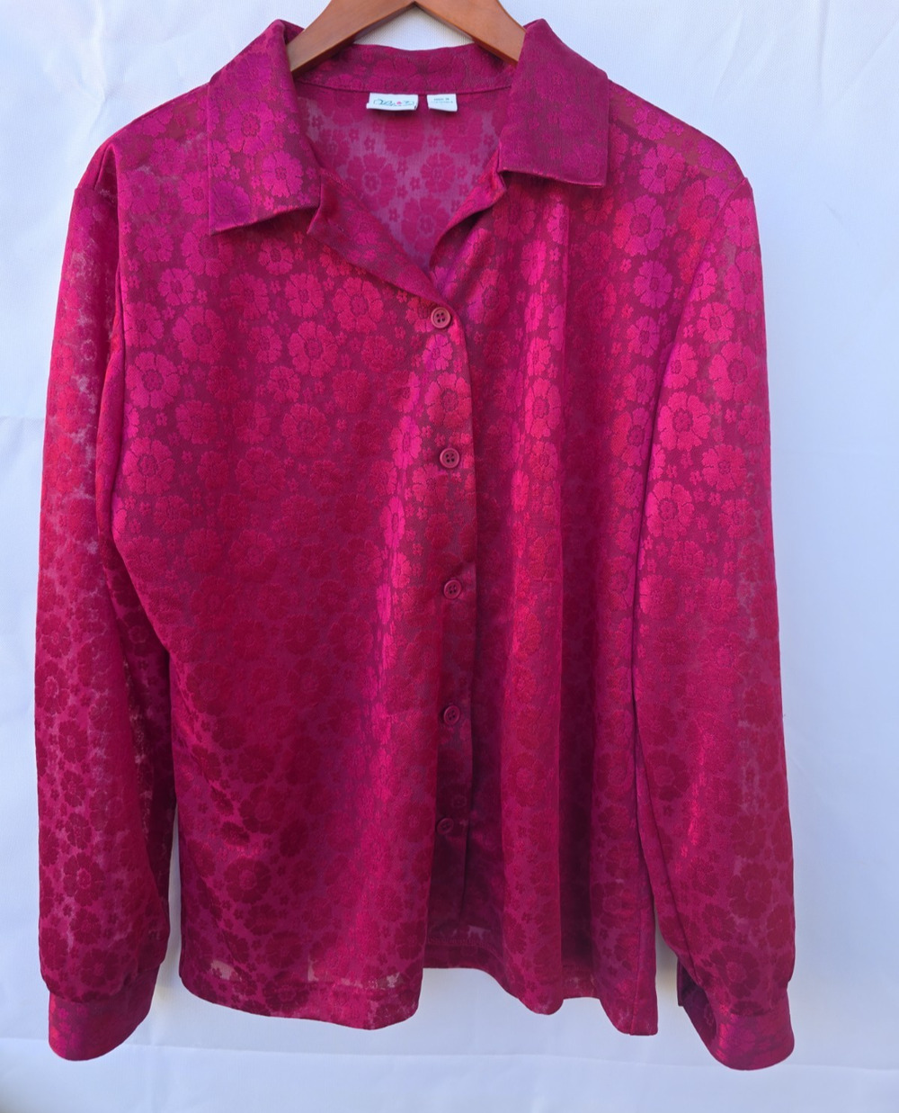 Haband Womens L Magenta Floral Jacquard Button Front Long Sleeve Shirt Excellant